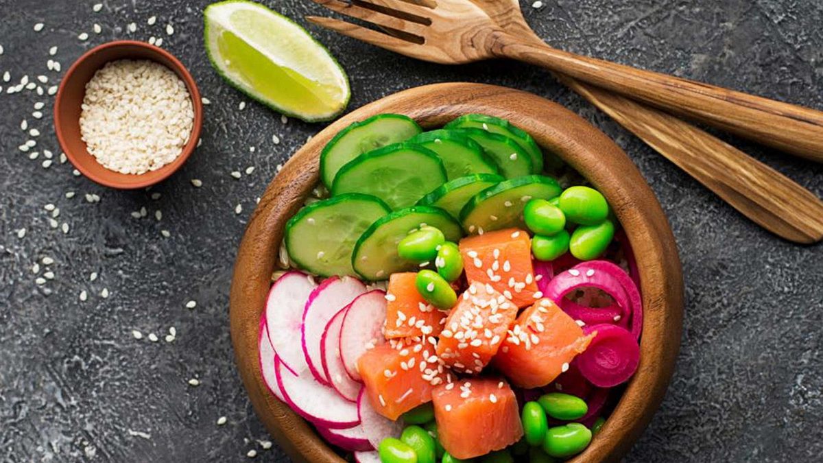 Salmon poke bowl with edamame and radish