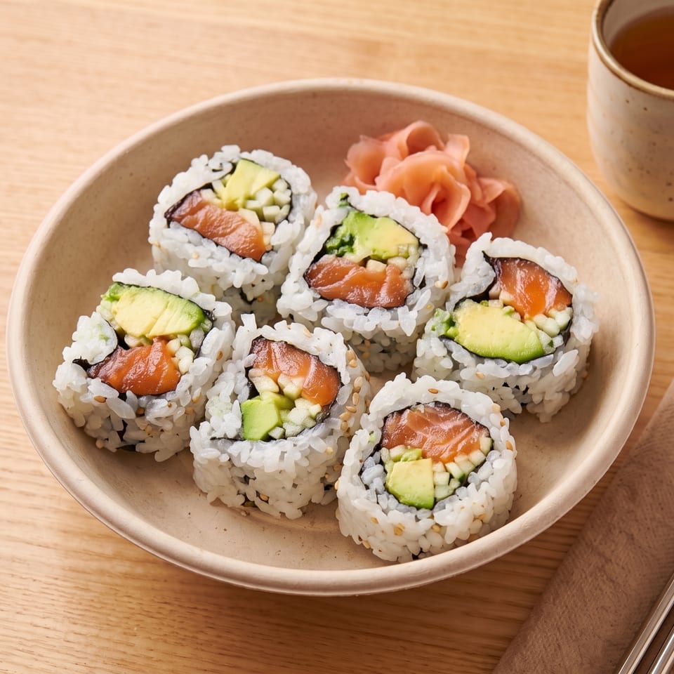 Salmon and avocado sushi rolls with pickled ginger, chopsticks, and a cup of tea on a wooden table.
