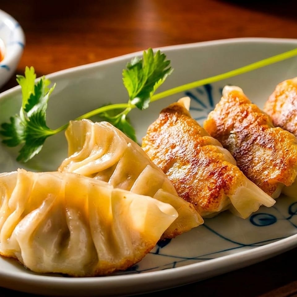 A plate of pan-fried dumplings, garnished with cilantro, and a small bowl of dipping sauce.