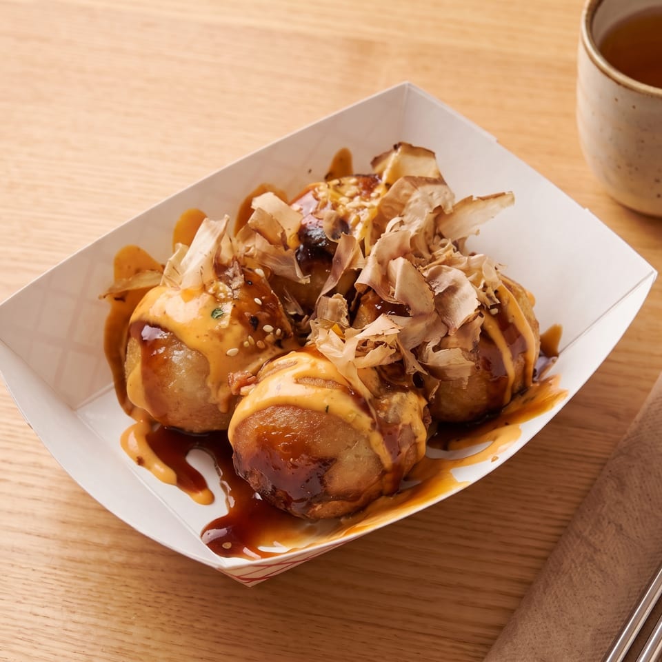 Takoyaki in a white paper tray, topped with sauce, mayonnaise, and bonito flakes, with tea and chopsticks.