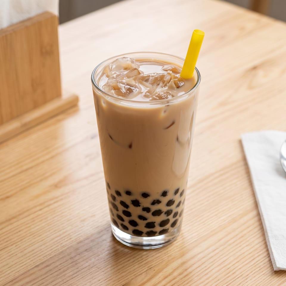 A tall glass of iced bubble tea with a yellow straw on a light wooden table.