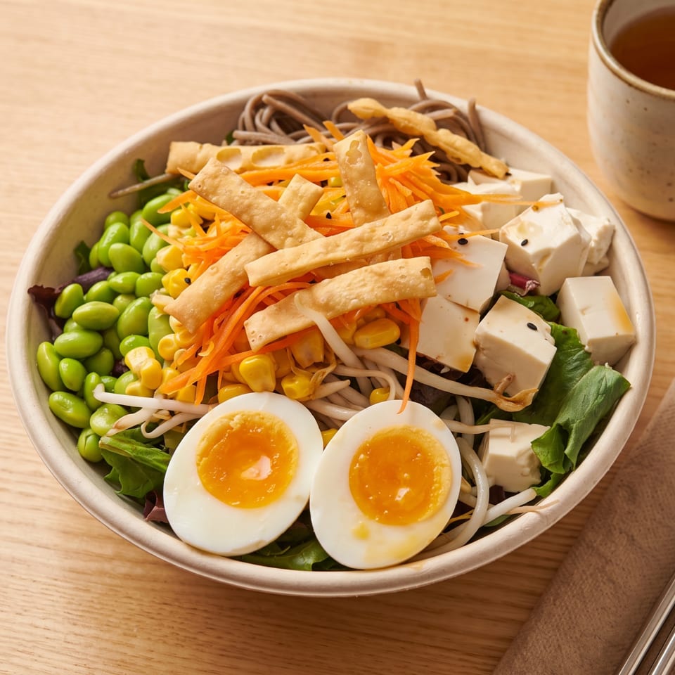 A colorful noodle bowl with edamame, corn, carrots, tofu, soft-boiled eggs, and a cup of tea.