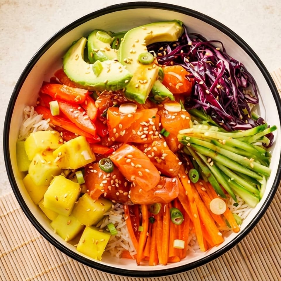 Colorful poke bowl with salmon, avocado, pineapple, red cabbage, carrots, and cucumber on rice.