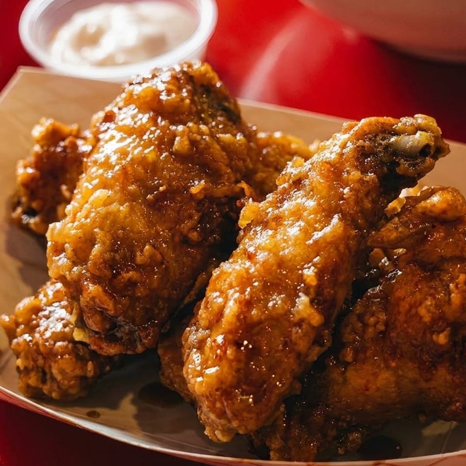 Crispy, glazed chicken wings in a paper tray with a side of dipping sauce on a red table.